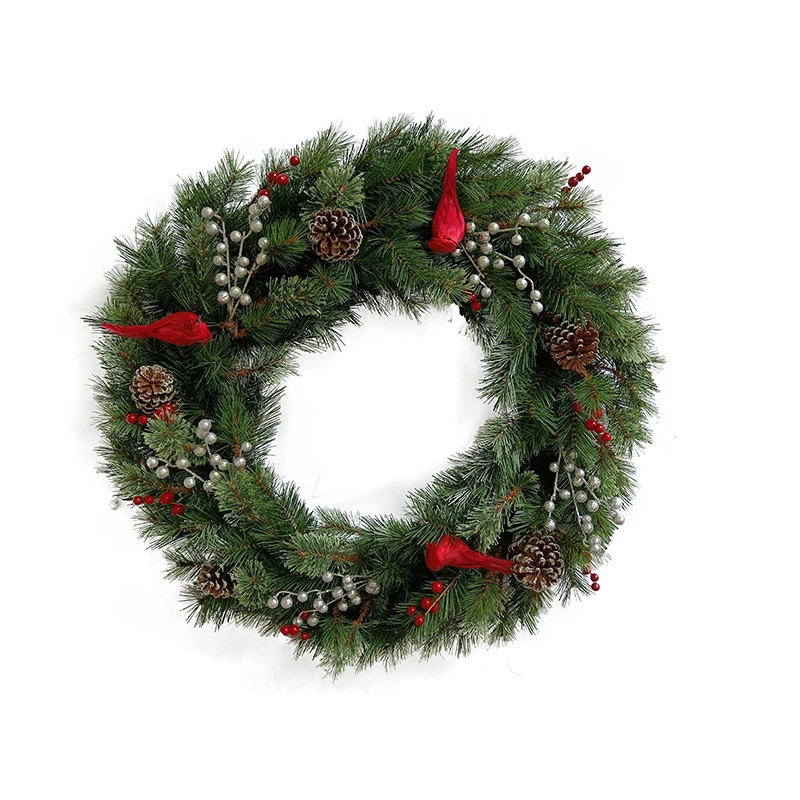 Artificial Decorative Pre-Lit Mixed PVC&Cashmere Christmas Wreath with Pinecones and Silver Berries, Red Birds and Clear Lights for Xmas Wedding Holiday