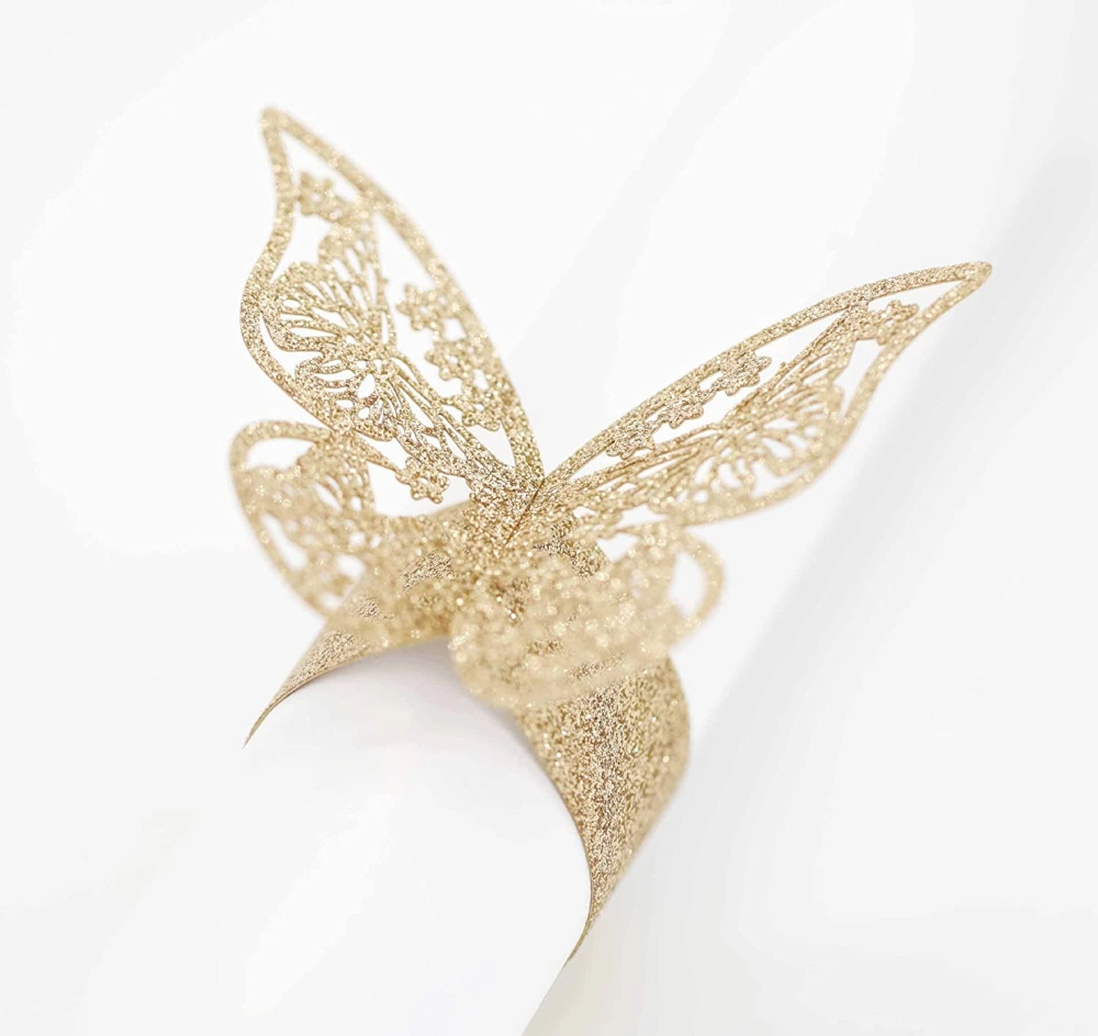 100 PCS Glitter Rose Gold Napkin Rings Butterfly Shape Plastic Napkin Holder for Wedding Party Serviette Table Decoration